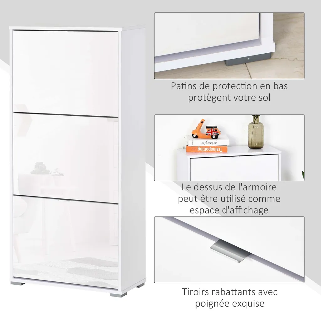 Armoire à chaussures compacte en bois blanc 3 grands compartiments - 9