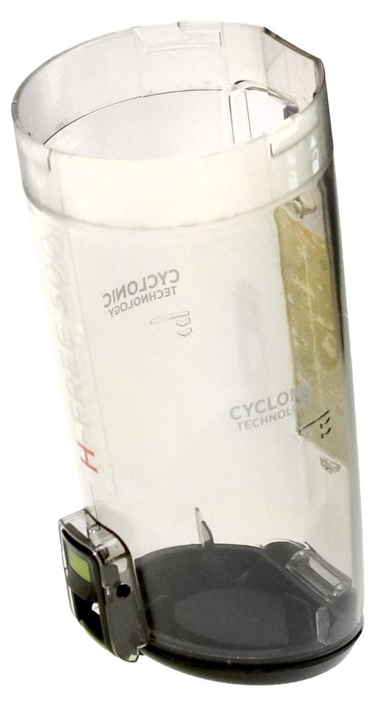 A clear plastic dustbin for a vacuum cleaner, shown against a white background.