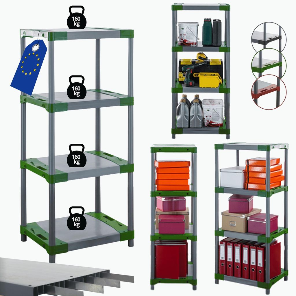 MODO24 Kunststoffregal, 4 Ablagen, 160kg/Boden, Schwerlast, Steckregal, Lagerregal, Plastikregal, Werkstatt, 138x80x46?cm, Grün, TYTAN