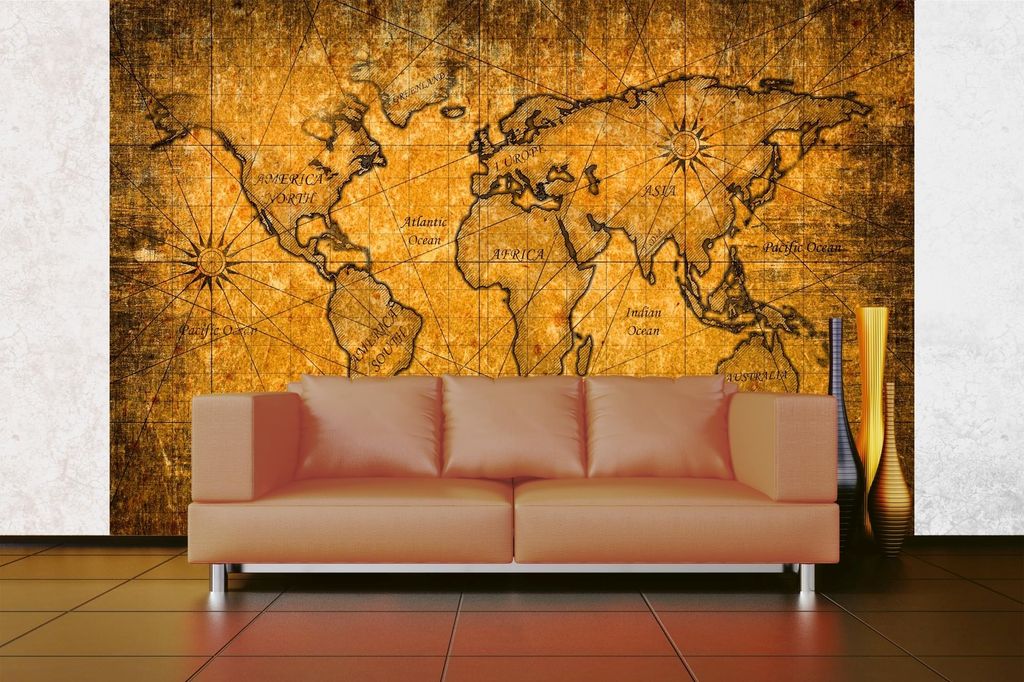 Vlies Fototapete VINTAGE WELTKARTE V 375 x 250 cm (inkl. Kleister) - Vlies Tapete, Wandtapete, Wandbilder - Tapete für Wohnzimmer Schlafzimmer, B...