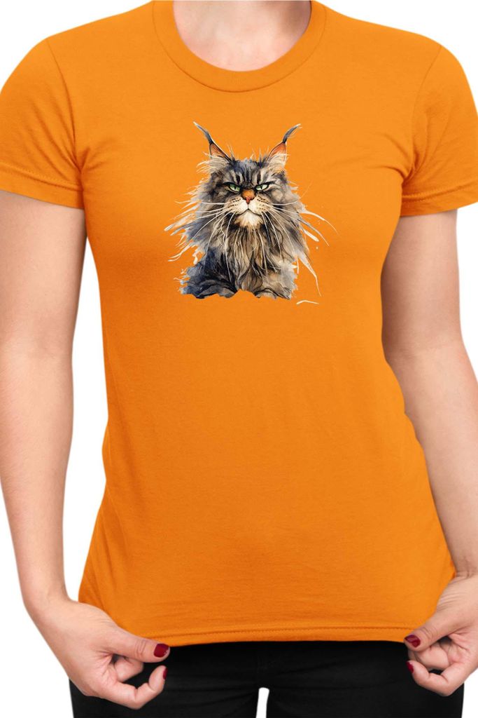 Damen T-Shirt Funny Cats Breeds Maine Coon Cat 023, Lady 2XL / Orange