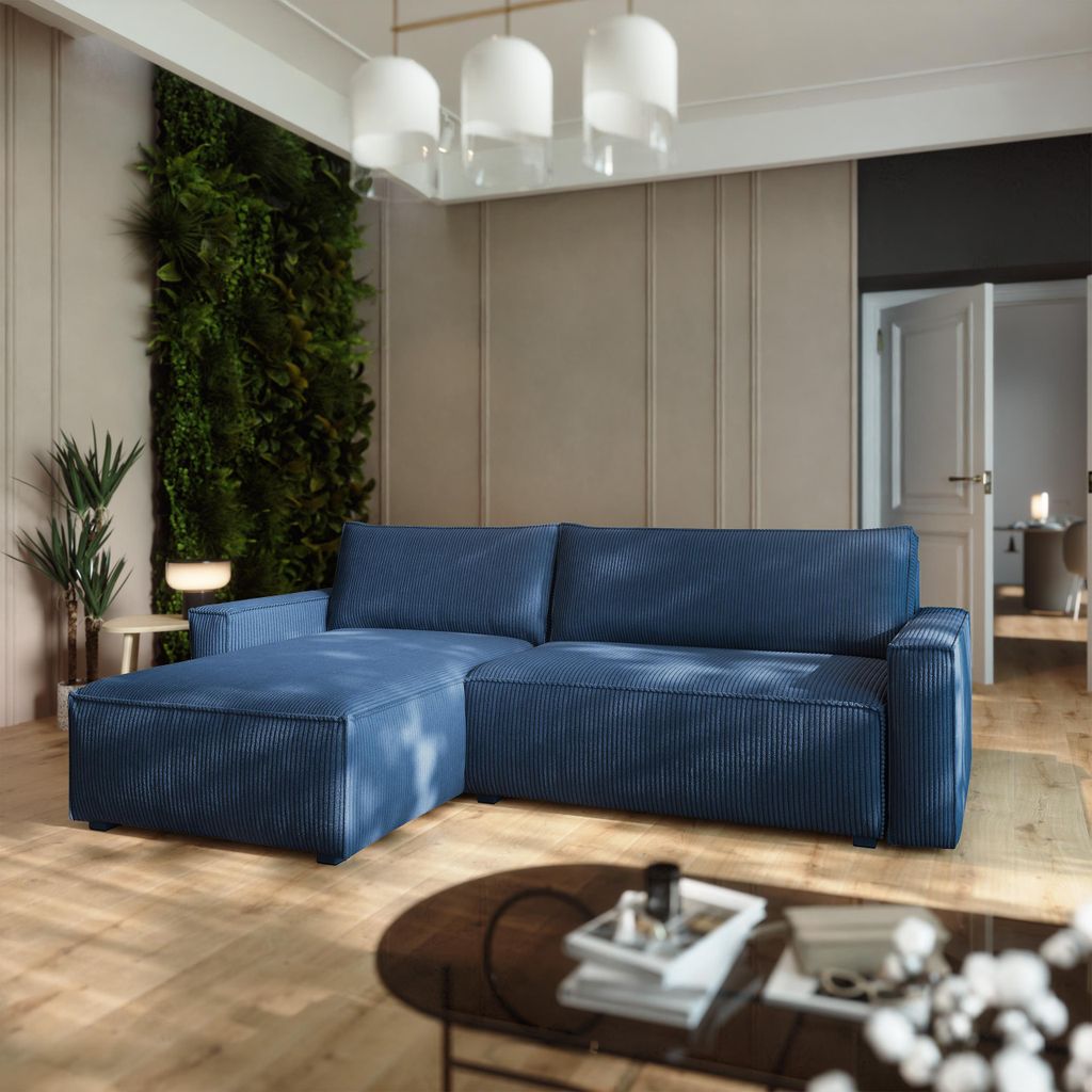 Masseno Ecksofa BESMIR mit Schlaffunktion L-Form, Sofa mit Bettkasten, Wohnzimmersofa, Couch, Soffa, Bettsofa, Couchgarnitur- Blau, POSO 05