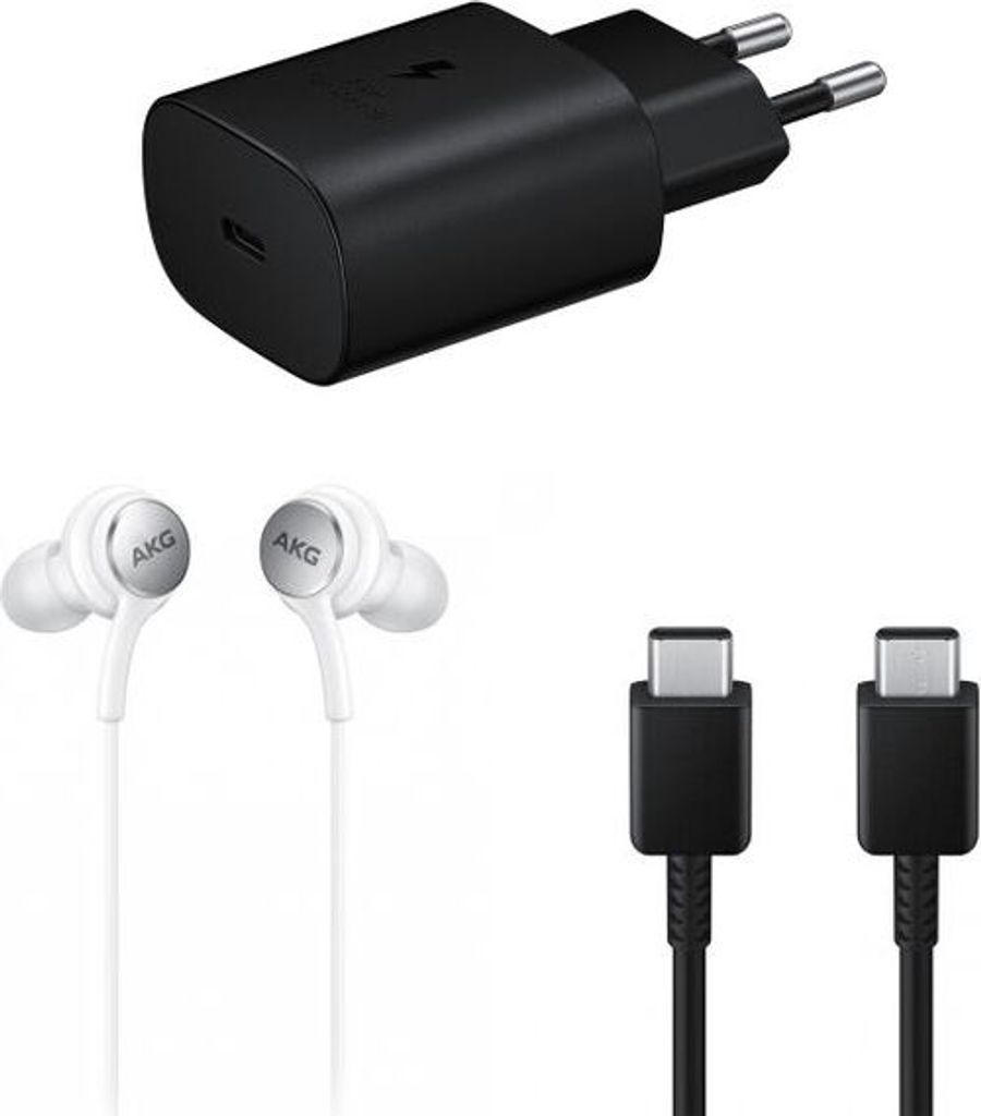 Samsung Starter Set Kit USB Type C 25W Wandladegerät, USB Type C 1,8m 3A Kabel, In-Ear Kopfhörer (Eco Pack) schwarz