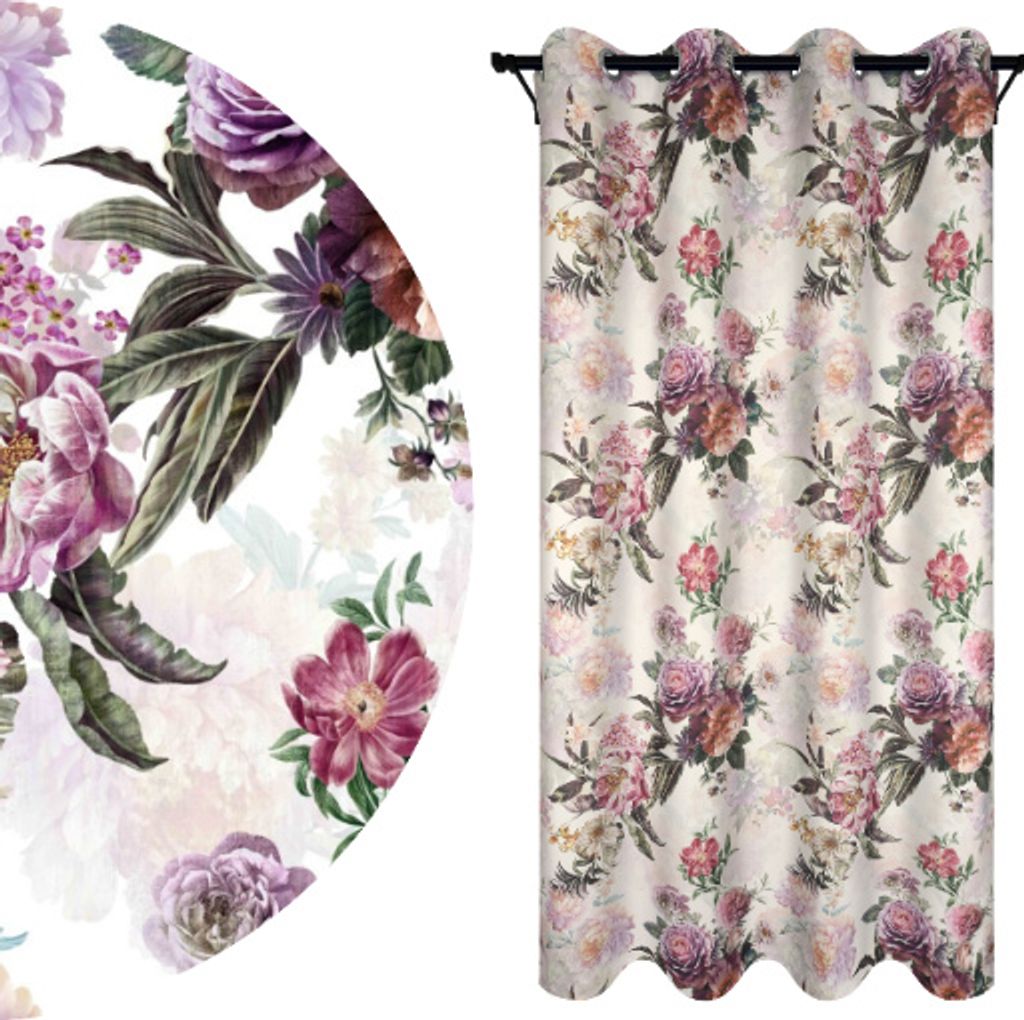 A floral patterned curtain is shown next to a close-up of the same pattern.