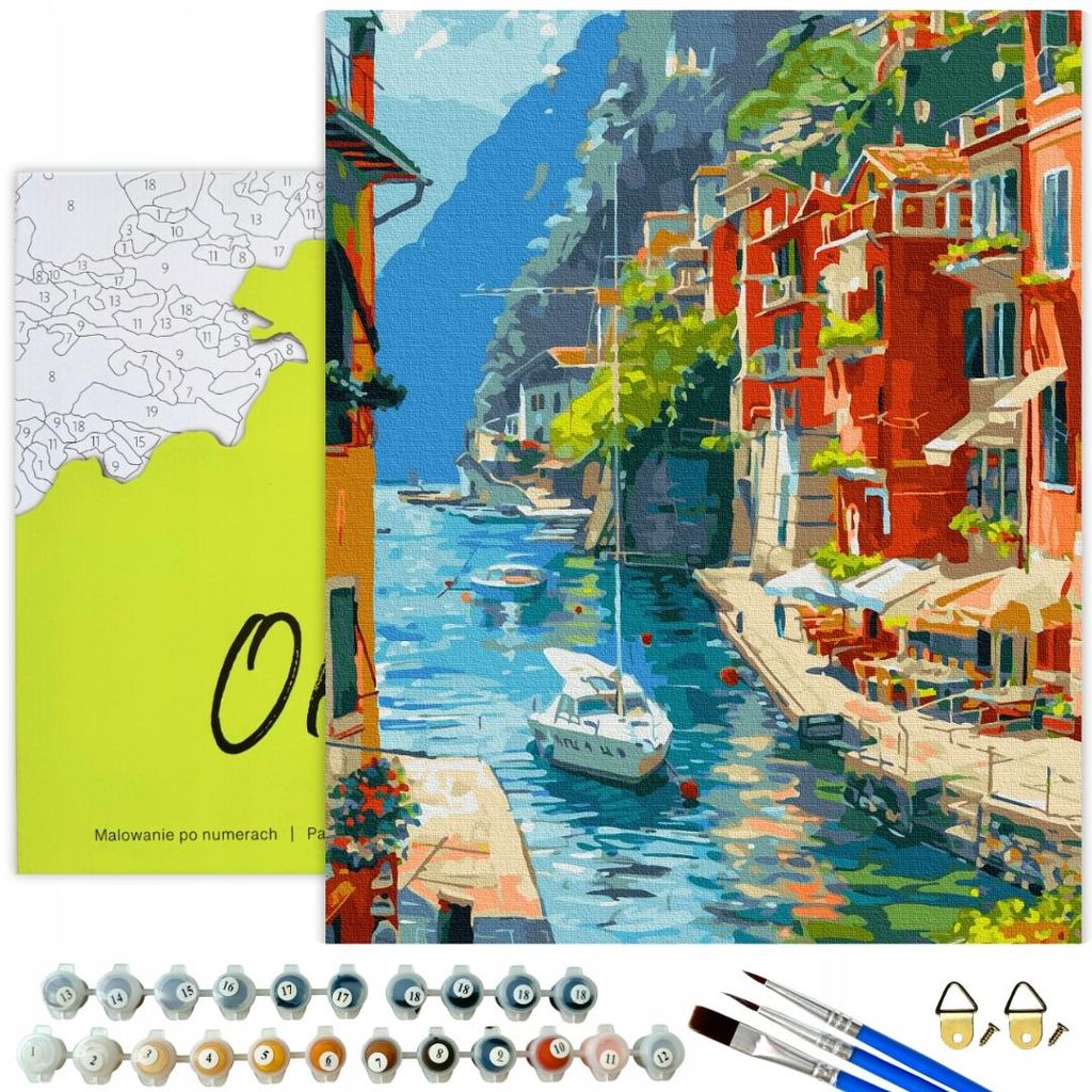 Oh Art! Malen nach Zahlen Landschaft – Italienisches Dorf am Meer 40x50cm Leinwand mit Rahmen, 30 Acrylfarben, 3 Pinsel und Zubehör Set für Erw...