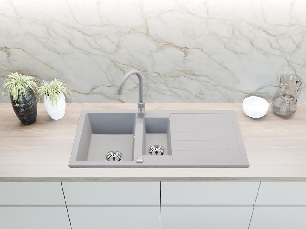 Granitspüle Spülbecken Küchenspüle Einbauspüle 100x50 cm 2 Becken mit Abtropffläche mit Armatur, Farben:Grau