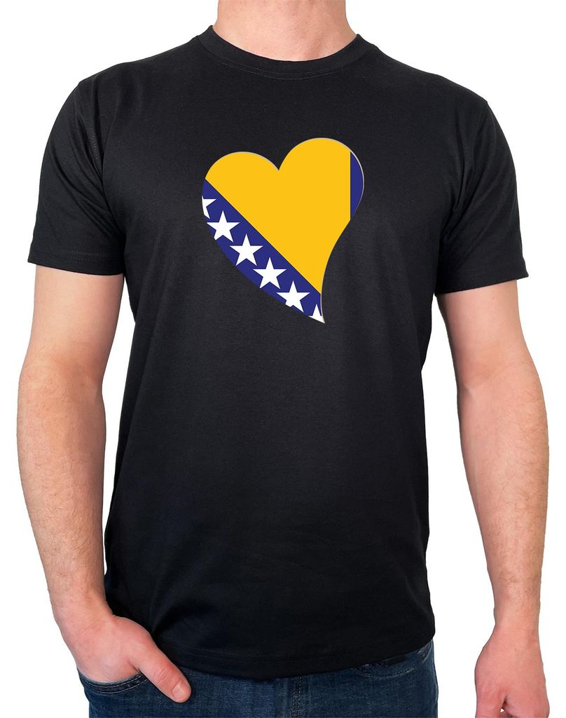 Huuraa Herren T-Shirt Bosnien und Herzegowina Flagge Herz S Black Bio Baumwolle Fairtrade Herrenshirt Geschenkidee
