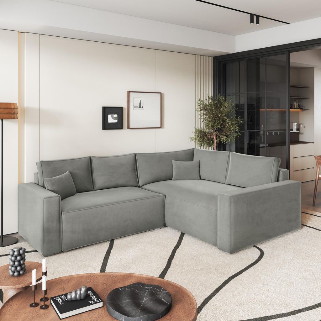 Masseno Ecksofa ERONIS R-S mit Schlaffunktion L-Form, Sofa mit Bettkasten, Wohnzimmersofa, Couch, Soffa, Bettsofa, Couchgarnitur- Hellgrau, MONOLIT...