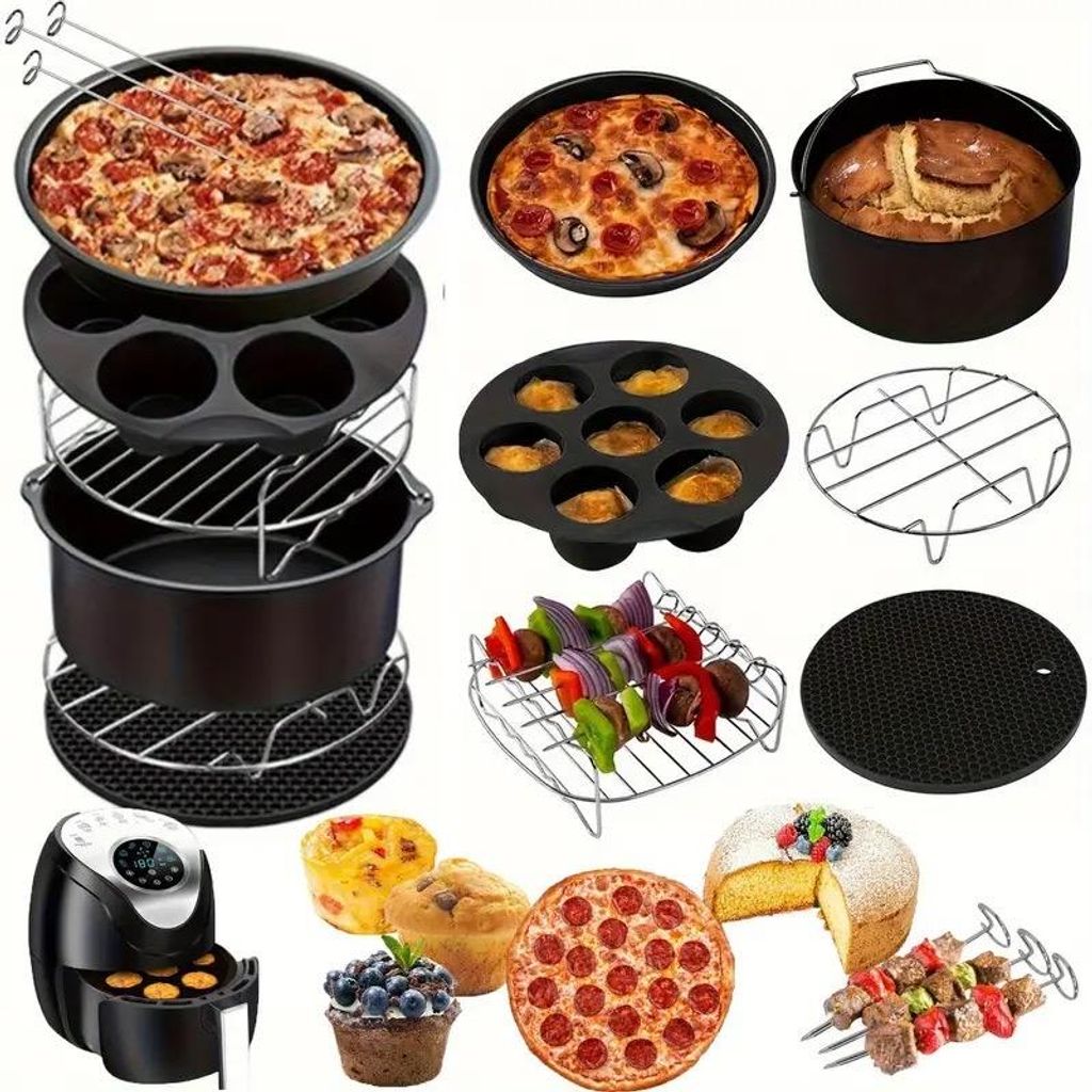 A collage of various air fryer accessories and baked goods, including pizzas, cakes, muffins, and skewers.