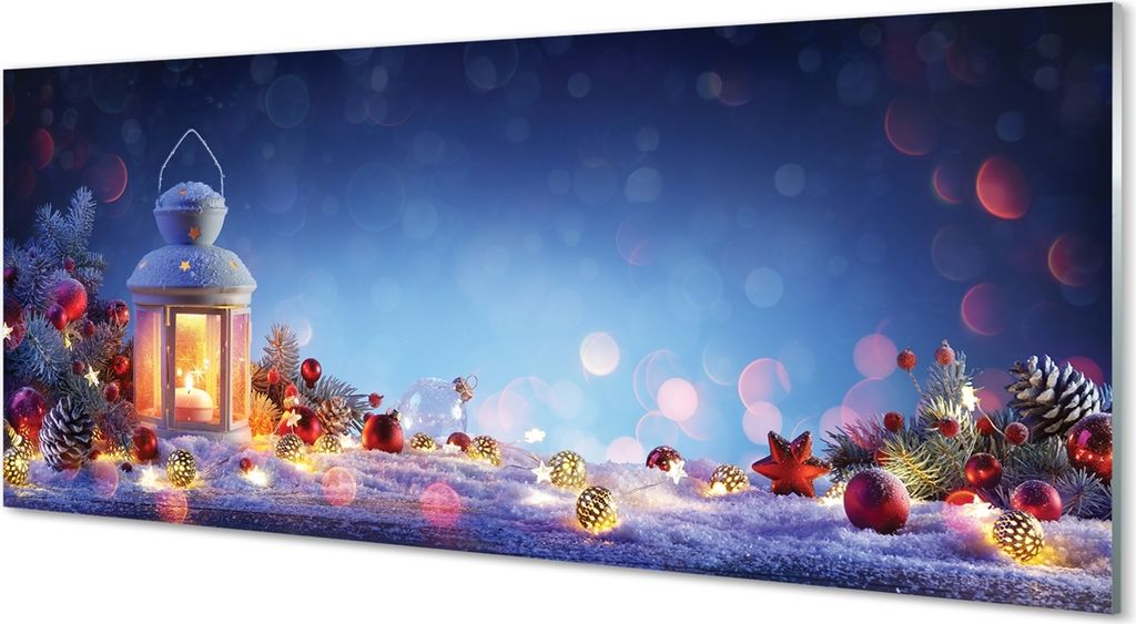 Glasbilder 125x50 Wandkunst Laternen Zweige Schneebälle