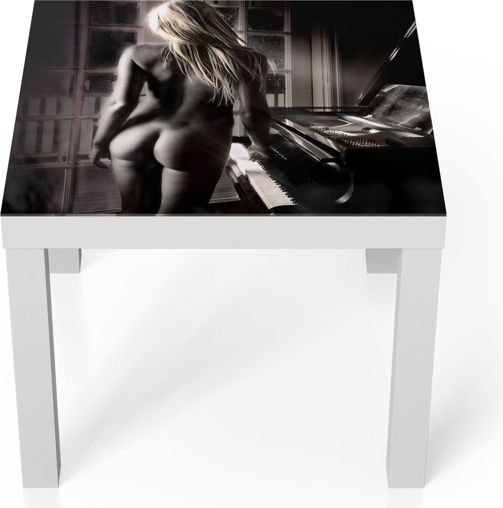 DEQORI Couchtisch 55x55 cm Weiß 'Nackte Frau am Piano' Glas Beistelltisch
