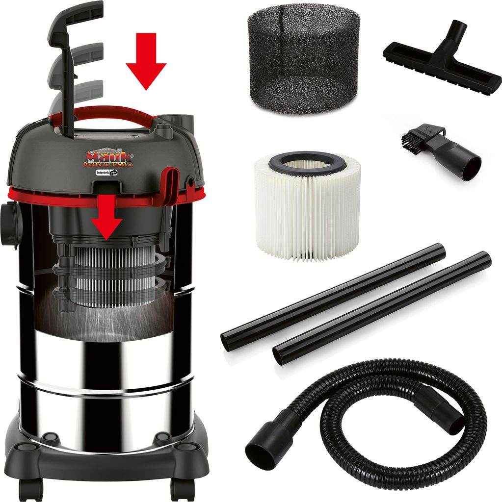 A collection of vacuum cleaner parts and accessories, including the main unit, filters, hose, and extension tubes, arranged on a white background.