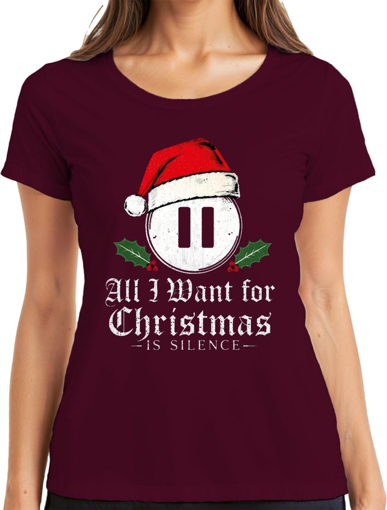 All I Want for Christmas is Silence introvert Santa hat holly Damen T-Shirt, Burgundy, 3XL