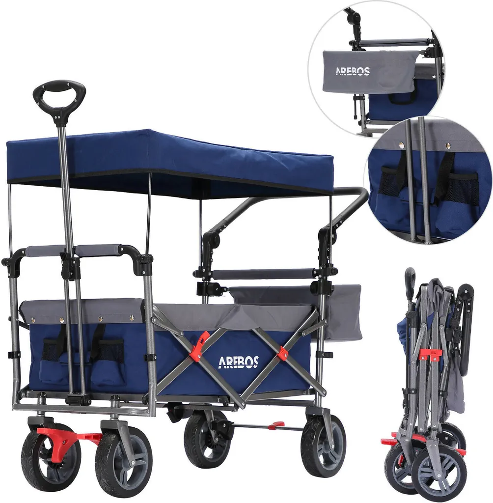 Chariot de Jardin Pliable avec Toit Solaire et Freins de Stationnement