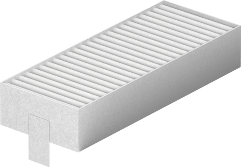 An isometric view of a white air filter with pleats.