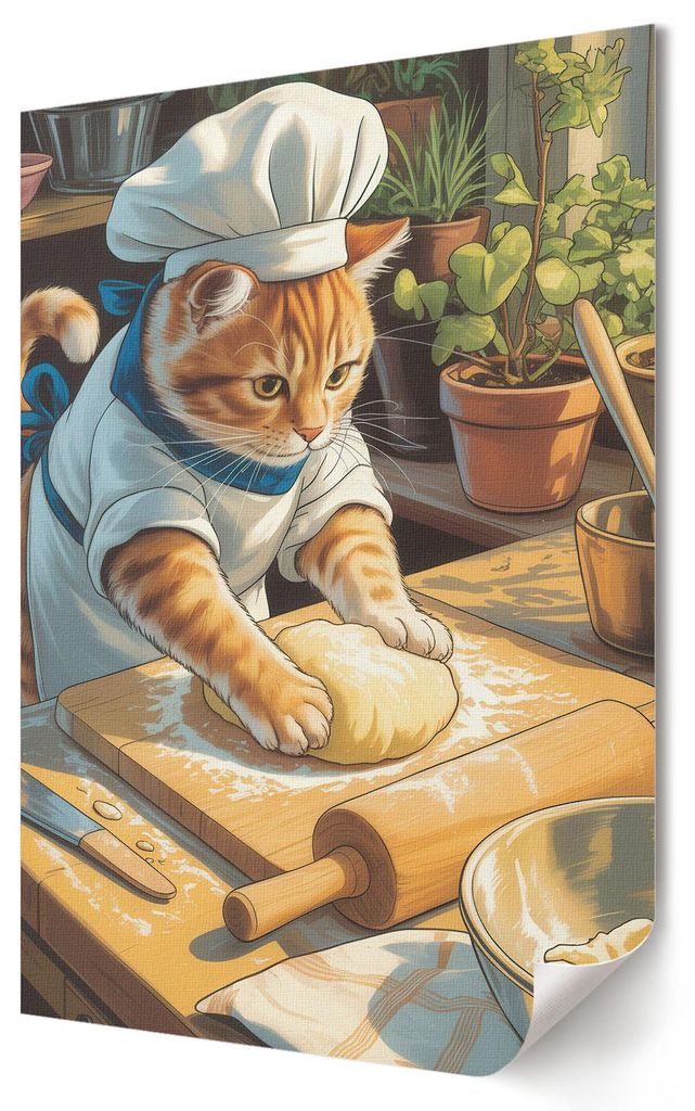 Chef Cat- Kunstdruck A4 - Kindisch, humorvoll- Wandbild für Wohnzimmer Schlafzimmer & Flur, Modernes Poster Wanddeko, Ungerahmt
