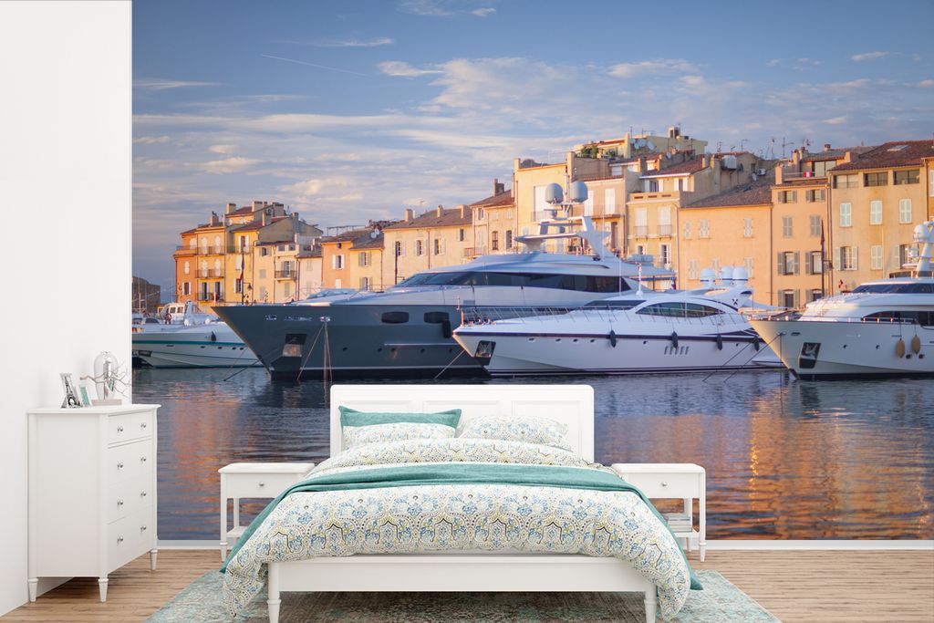 MuchoWow Fototapete für Wohnzimmer oder Schlafzimmer Wandtapete Vinyl Motivtapete Große Yachten im Hafen von Saint-Tropez in Frankreich - 450x3...