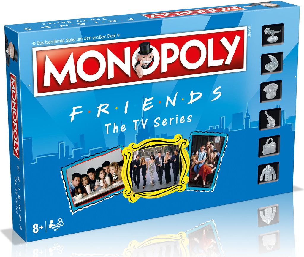The image shows the box of a Monopoly board game with a Friends TV series theme.