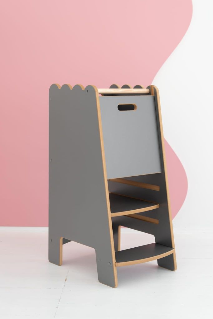 BUBBLE - Montessori Lernturm Kitchen Helper Kinderplattform mit Rüschen - grau