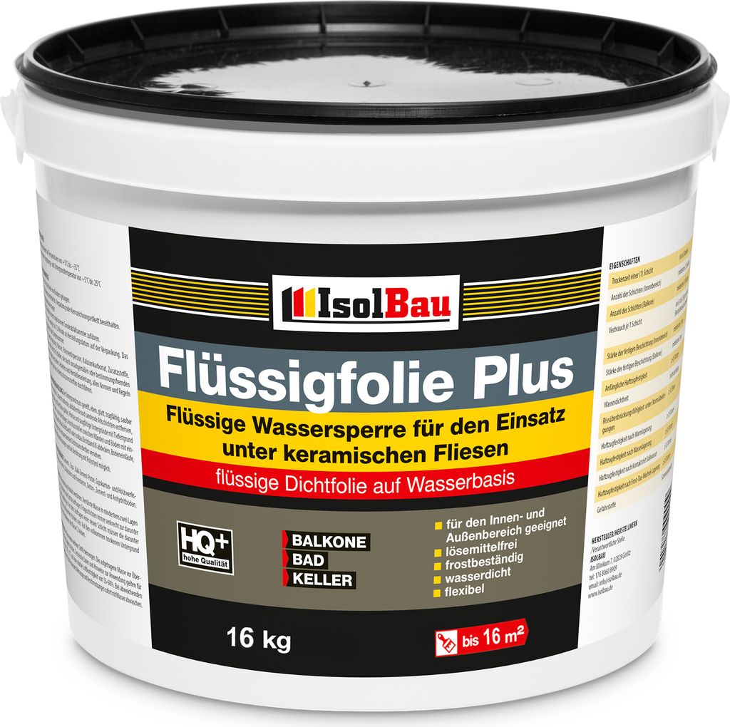 Isolbau Flüssigfolie PLUS 16kg - Dichtfolie für innen & Außenbereich - für Wand & Boden - Balkonabdichtung, Terrasse - Lösemittelfreie, wasser...