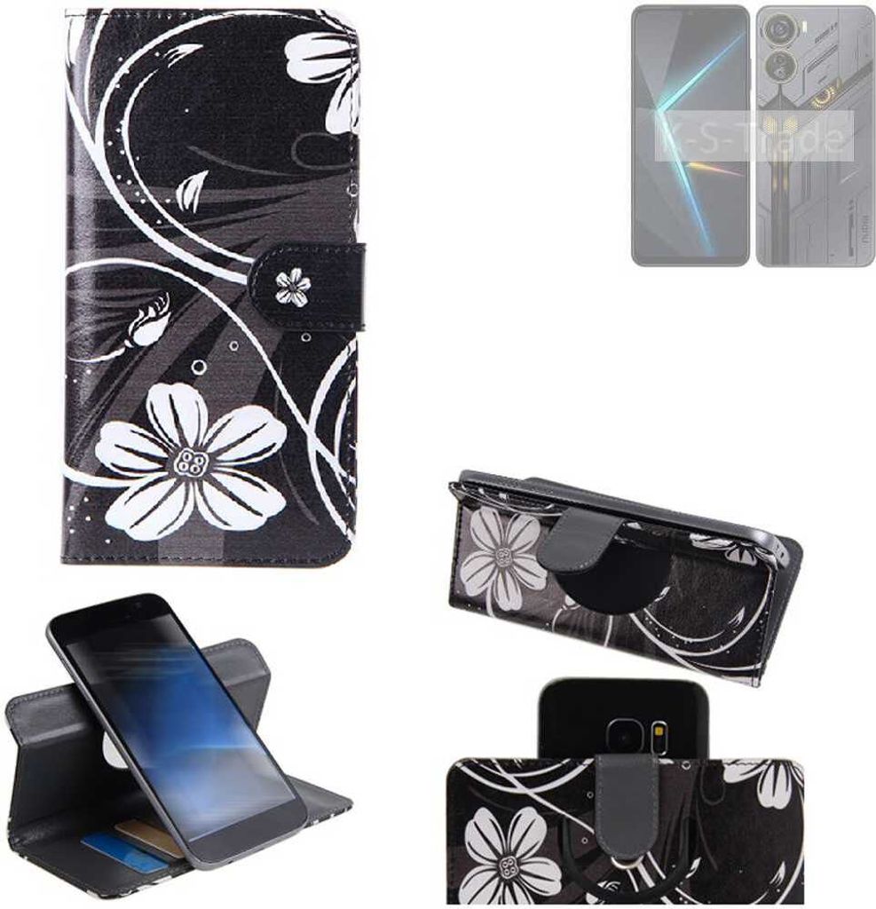 K-S-Trade Schutzhülle Handyhülle kompatibel mit Nubia Neo 5G Hülle 360° Wallet Case “Flowers“ Klapphülle Hülle schwarz-weiß 1x