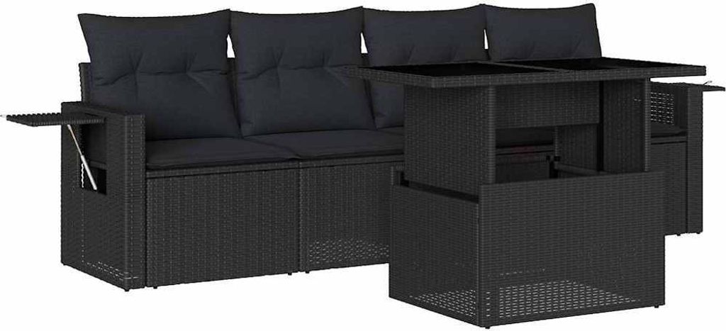 vidaXL 5-tlg. Garten-Sofagarnitur mit Kissen Schwarz Poly Rattan