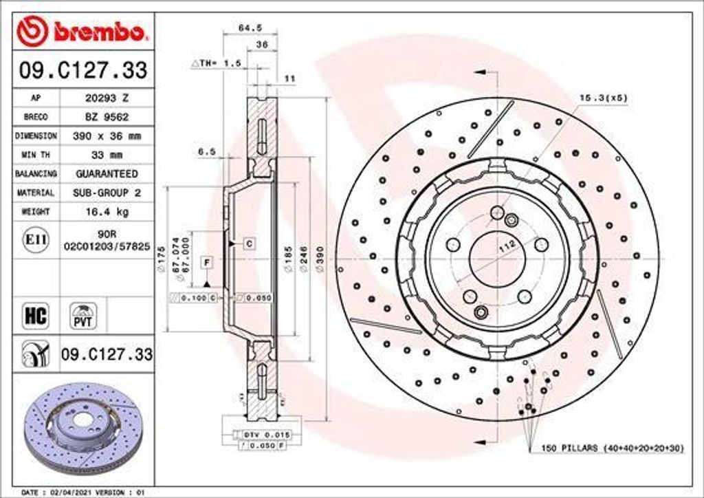 BREMBO 09.C127.33 Bremsscheibe OE 2224212612 kompatibel mit S-Klasse
