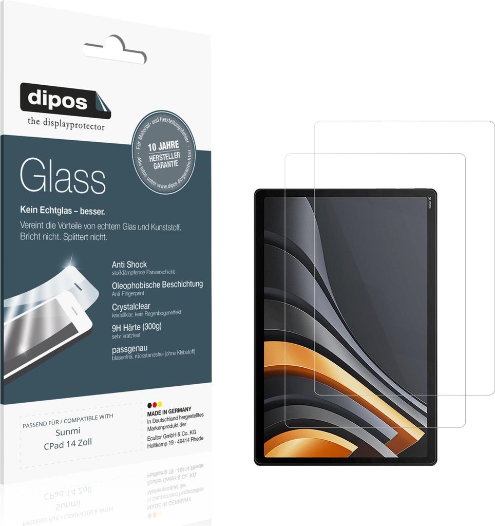 2x Schutzfolie für Sunmi CPad 14 Zoll - Anti-Shock 9H Folie dipos Glass Kunststoffglas