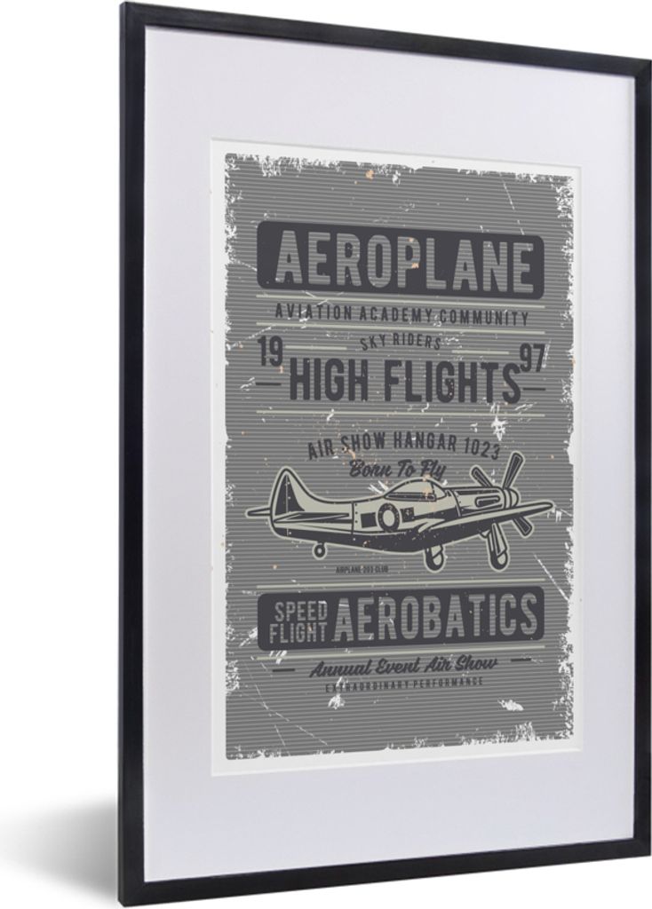 MuchoWow MuchoWow Gerahmtes Poster Flugzeug - Retro - Zeichnung 40x60 cm - Poster mit zchwarzem Bilderrahmen - Poster in Rahmen