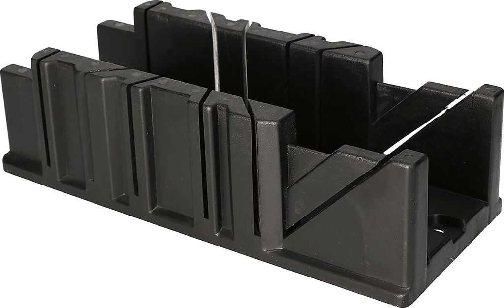 A black plastic miter box is shown from a three-quarter angle against a white background.