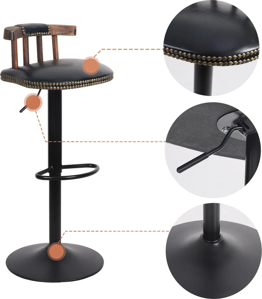 Tabouret de Bar Design Noir avec Dossier Réglable - Ensemble de 2 Pièces - 6