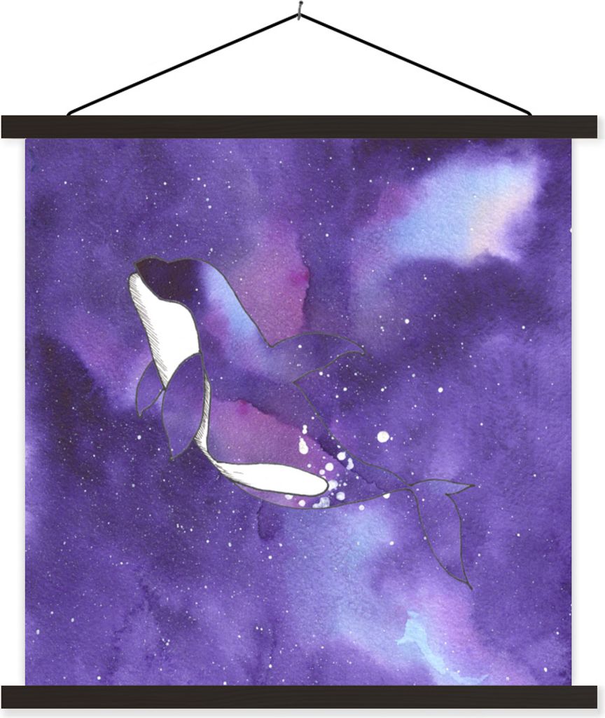 MuchoWow Textilposter Orca - Meer - Lila - Aquarell 120x120 cm mit schwarzem Rahmen - Aufhängungsset
