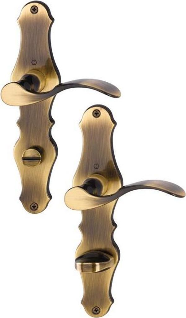 Two antique-style door handles with escutcheons are shown against a white background.