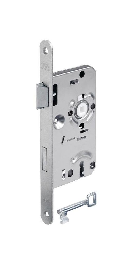 A silver-colored door lock mechanism and a silver key are displayed against a white background.