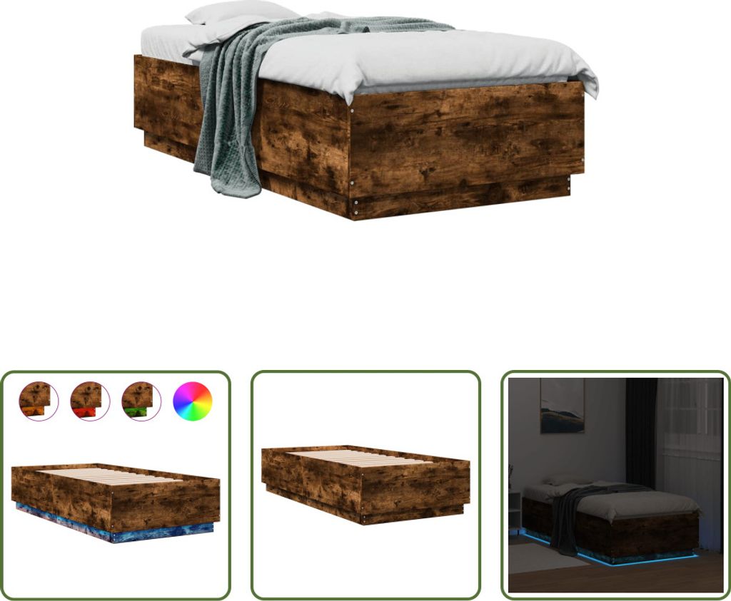 The Living Store Bettgestell mit LED Räuchereiche 75x190 cm Holzwerkstoff