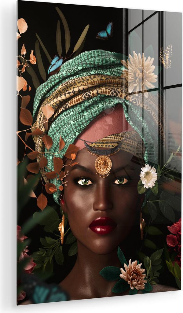 MuchoWow Glasbilder - Bilder auf Wandbild - Foto auf Glas Frau - Blumen - Schmetterlinge - Pflanzen - Schmuck - Luxus 40x60 cm Wanddekoration aus G...