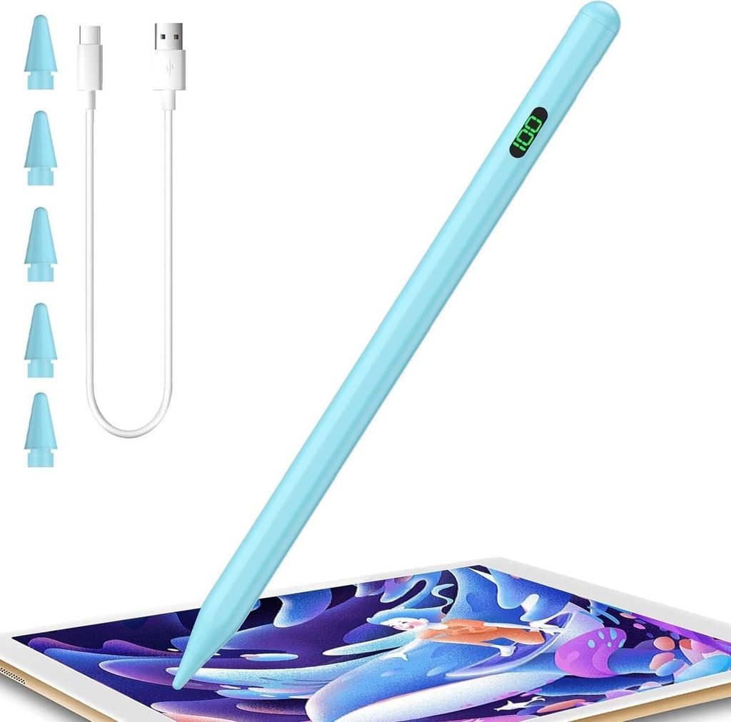 Eingabestift iPad, Active Stylus Pen - Handfläschenerkennung mit 5 Ersatzspitzen Batterieanzeige, Magnetbefestigung, Neigungsempfindlichkeit mit p...