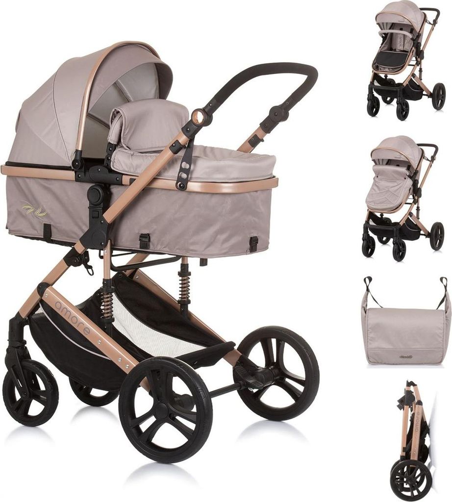 Chipolino Kinderwagen 2 in 1 Amore Getränkehalter Wickeltasche Fußabdeckung Korb beige