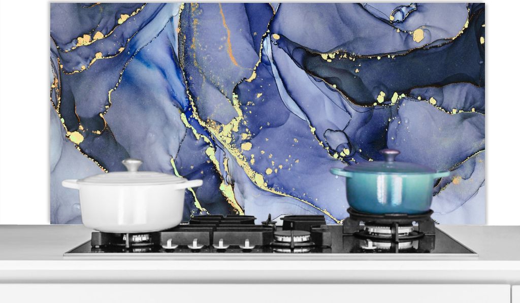 KitchenYeah Spritzschutz Küche - Küchenrückwand - Wandschutz für Herd und Spüle - Marmor - Gold - Abstrakt - Blau 120x60 - Alu-Dibond (Alte...