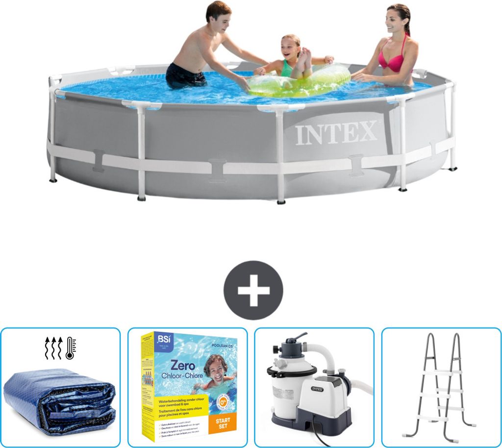 Intex-Schwimmbecken mit rundem Prismenrahmen – 305 x 76 cm – Grau – im Lieferumfang enthalten Sonnensegel - Wartungspaket - Filterpumpe für ...