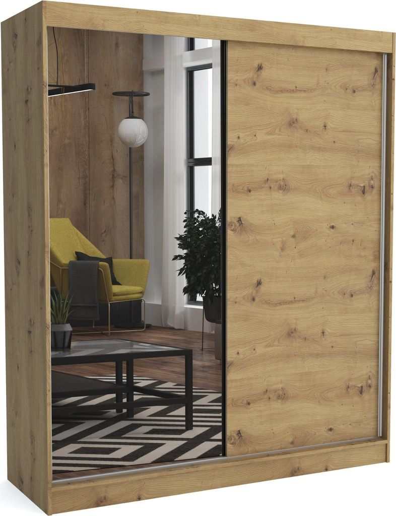 Kleiderschrank JOHN ARTISAN, 180x60x215 cm – mit Schiebetüren & Spiegel, Kleiderstange & Regalfächer, Schlafzimmerschrank, Garderobenschrank, M...