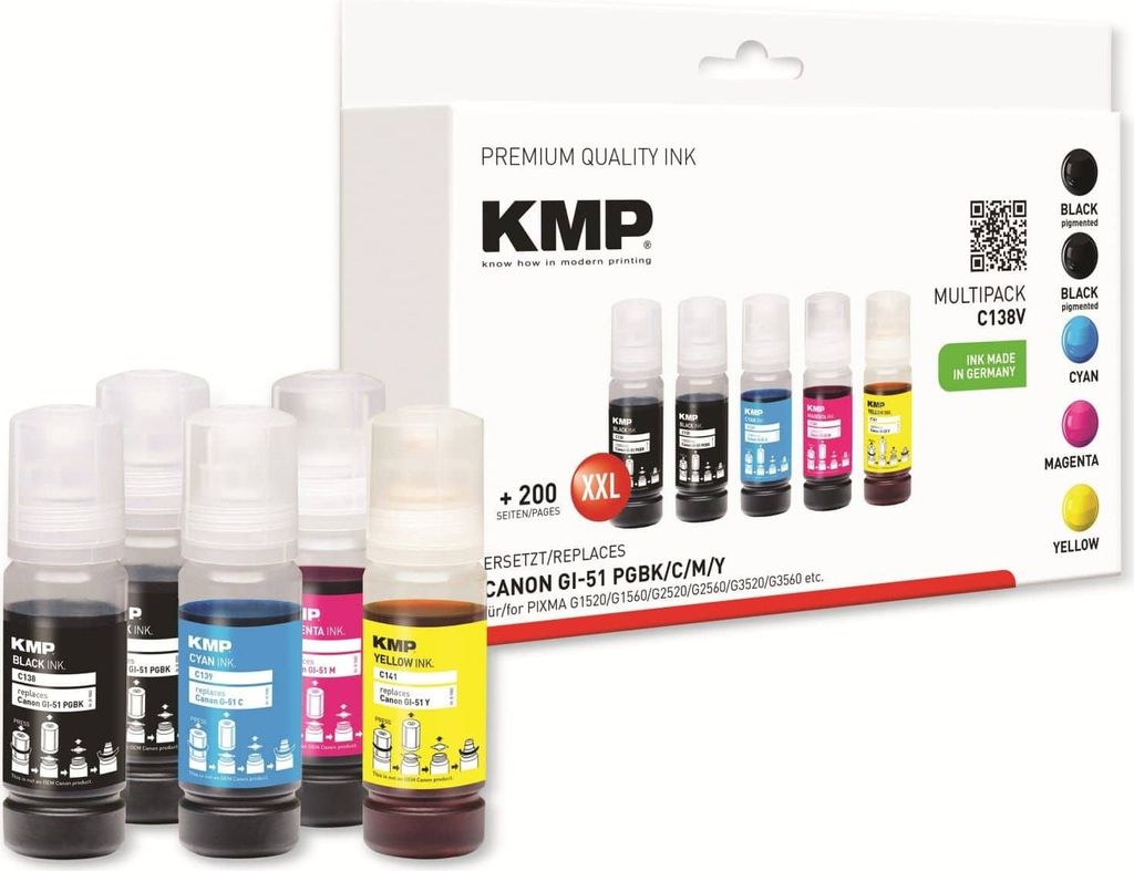 KMP schwarz, cyan, magenta, gelb Tintenflaschen kompatibel zu Canon GI51PGBK/C/M/Y, 4er-Set