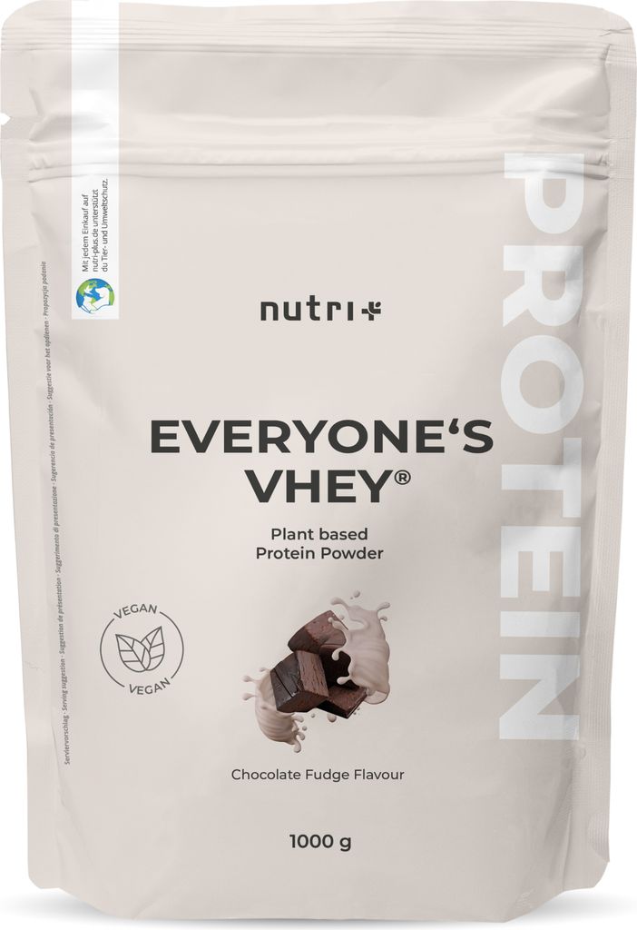 pflanzliches Protein Pulver Nutri-Plus laktosefrei 1kg – Vegan Proteinpulver Eiweiß Shakes für Muskelaufbau Chocolate Fudge