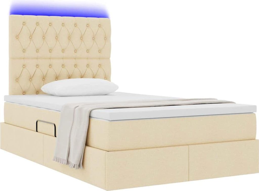 Saisonschlussverkauf - Bettgestell - Doppelbett - Bettrahmen mit Lattenrost - mit Stauraum und LED mit LED Creme 120x190cm Polyester - Klassische B...