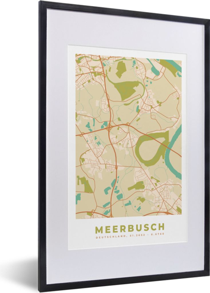 MuchoWow Gerahmtes Poster Meerbusch - Karte - Stadtplan - Vintage 40x60 cm - Poster mit Schwarzem Bilderrahmen Wandposter Rahmen Foto Bilder - Po...