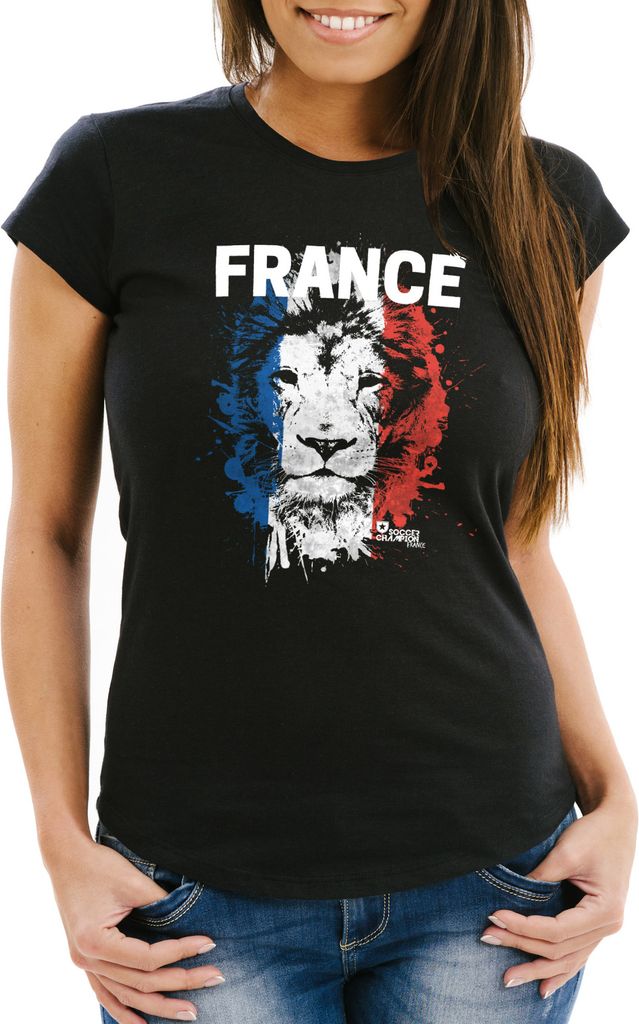 Damen T-Shirt Fanshirt Frankreich Fußball EM WM Löwe Flagge Slim Fit MoonWorks schwarz XS