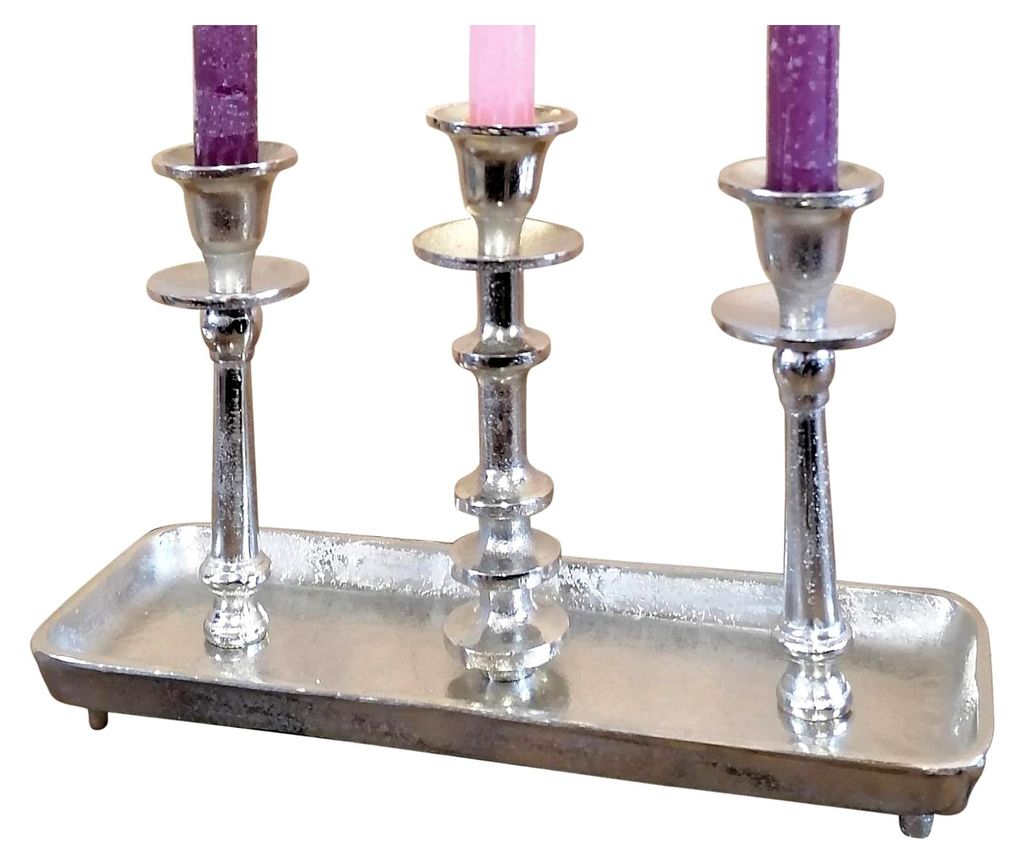 Kerzenständer 3-armig Aluminium Silber Raw - Kerzenleuchter auf Tablett - Tischdeko Modern 31x10x20 cm
