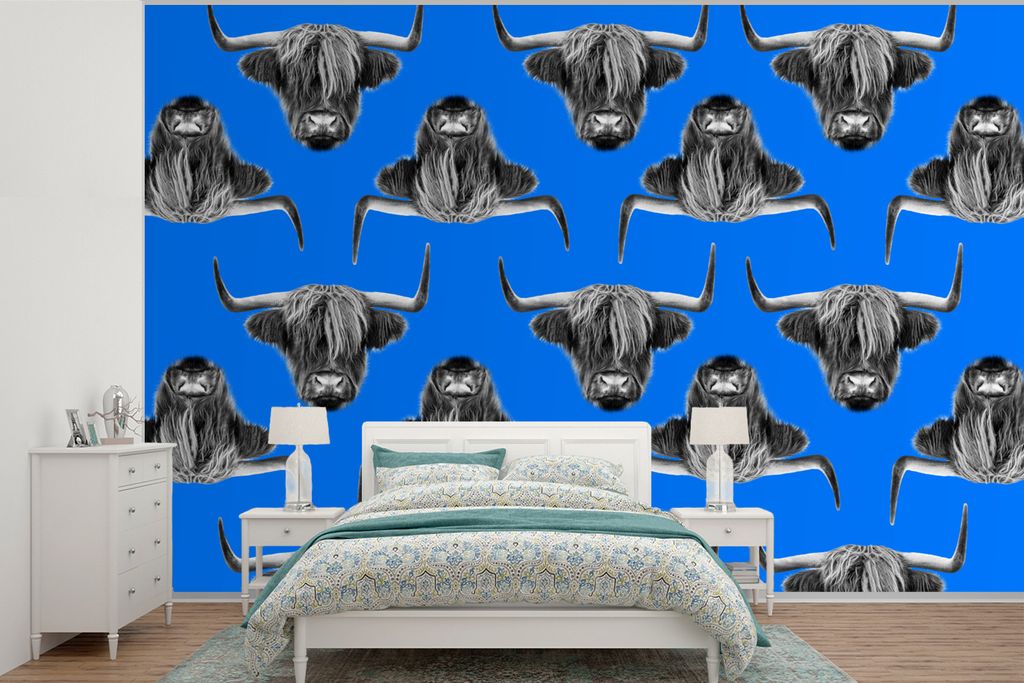 MuchoWow Fototapete für Wohnzimmer oder Schlafzimmer Wandtapete Vinyl Motivtapete Schottischer Highlander - Muster - Blau - 390x260 cm - Papiert...