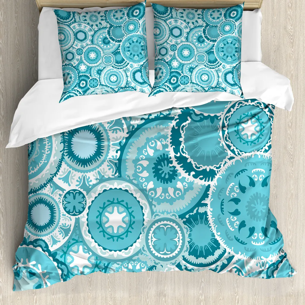 ABAKUHAUS Copripiumino per letto ad acqua, Mandala rotondo, antiacaro, adatto a chi soffre di allergie, con federe, 155 cm x 220 cm - 80 x 80 cm, turchese verde acqua bianco