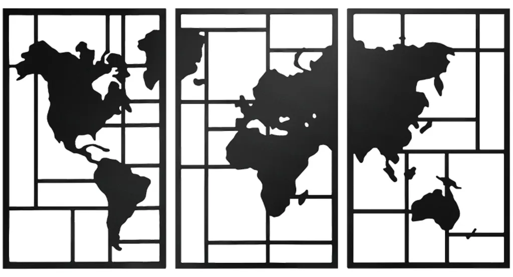 Carte du monde murale en métal noir 3 pièces 50x80 cm pour déco salon